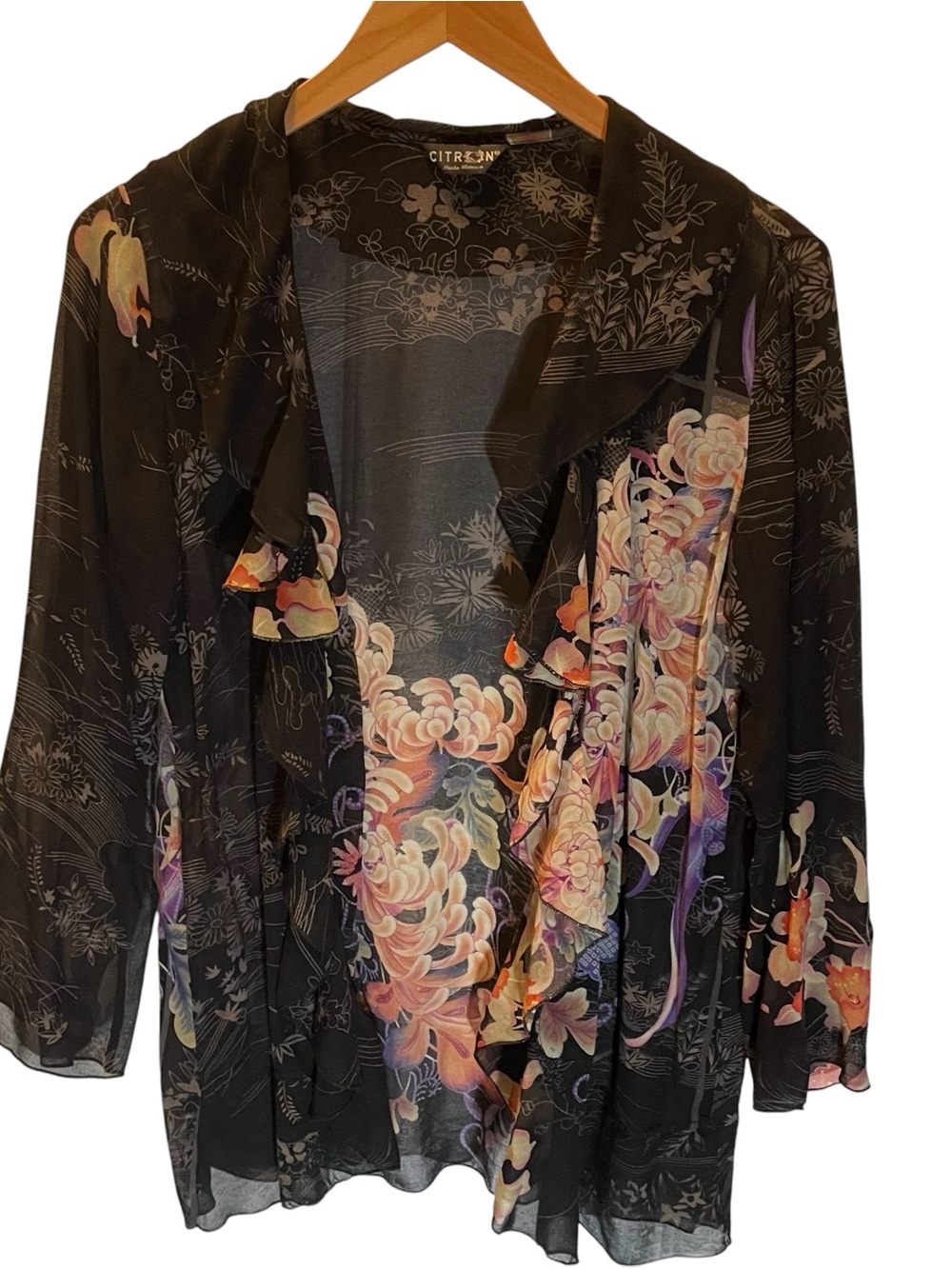 Citron Santa Monica Black Sheer Feminine Floral Ruffle Blouse Cardigan Asian M